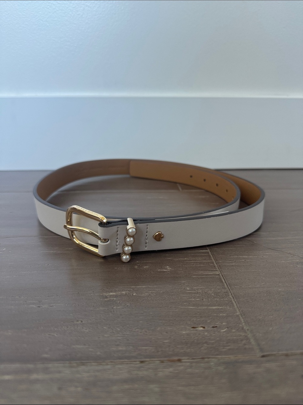NWT Kate Spade cream faux pearl neutral leather 1 inch belt size Large
